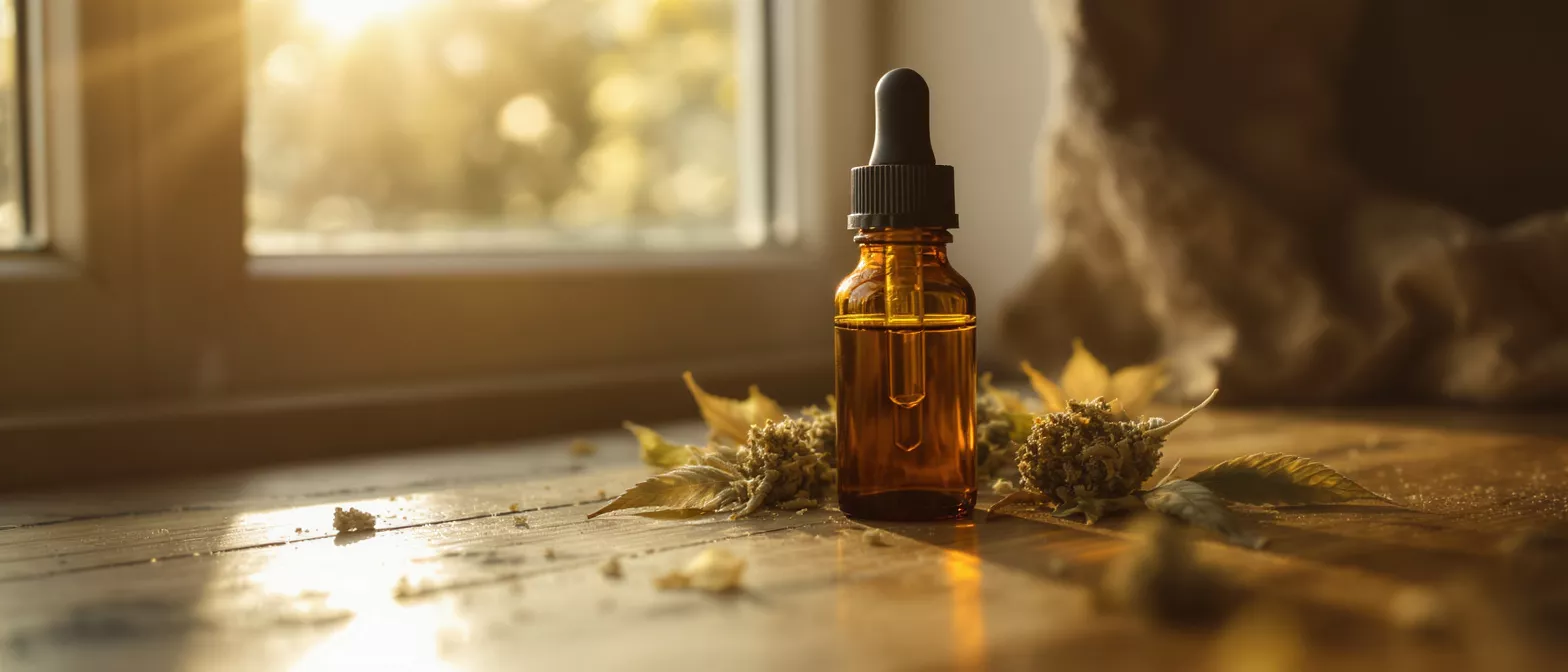 Amber glass oil bottle with herbal elements