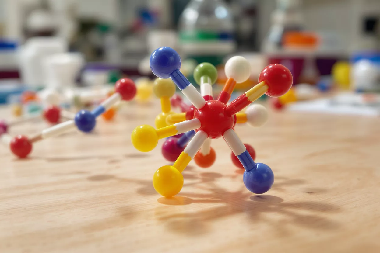 Colorful molecular models on a laboratory table