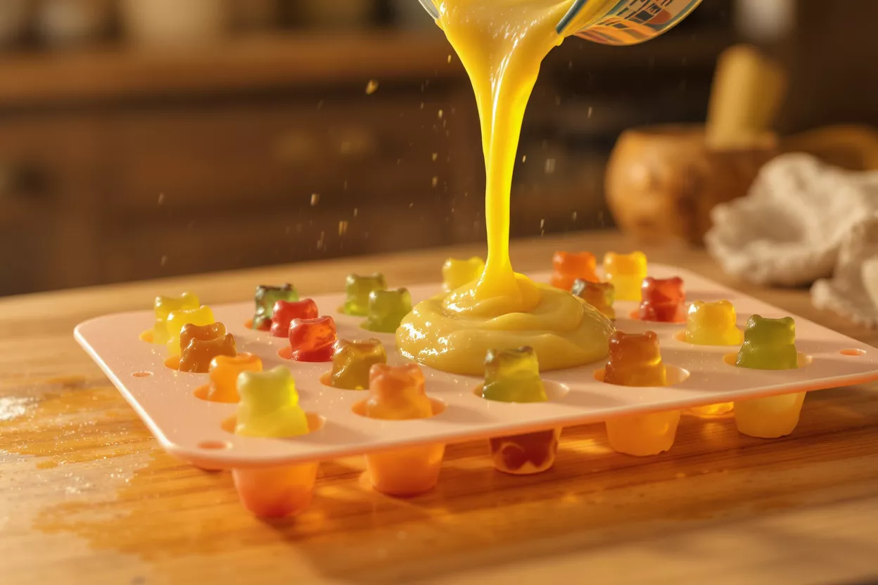 Making Gummy Bears Yellow liquid pouring into a silicone mold with colorful gummy bears.