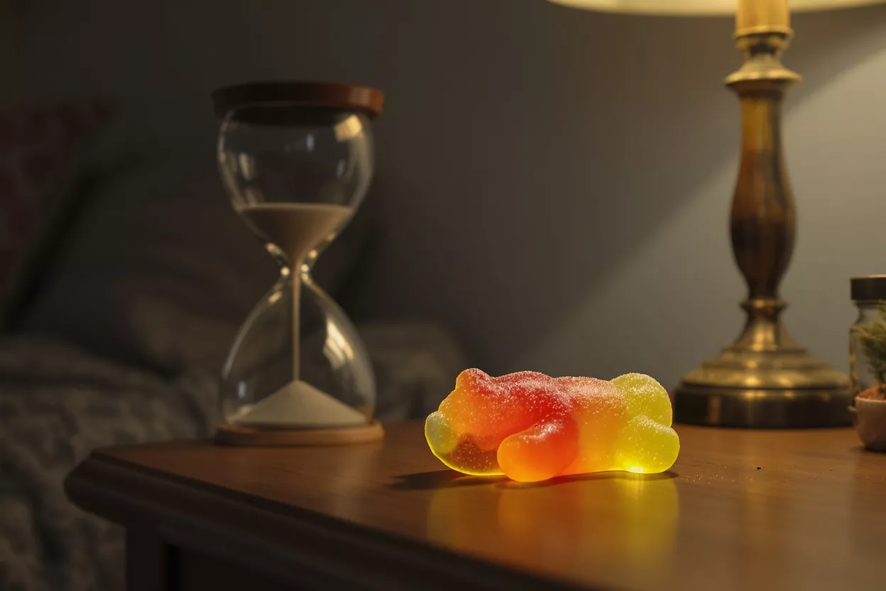 Gummy Bear on Nightstand A glowing, sugar-coated gummy bear on a nightstand next to an hourglass.
