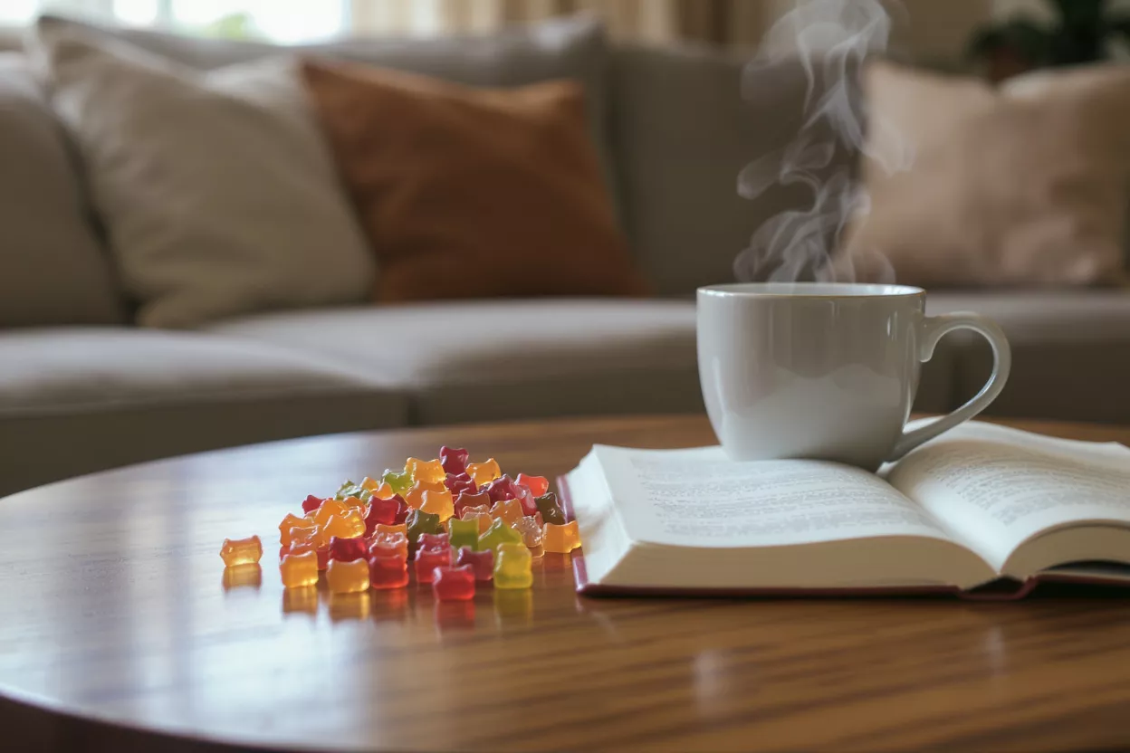 Cozy Reading with Gummy Bears and Coffee Steaming coffee, open book, and colorful gummy bears on a wooden table.