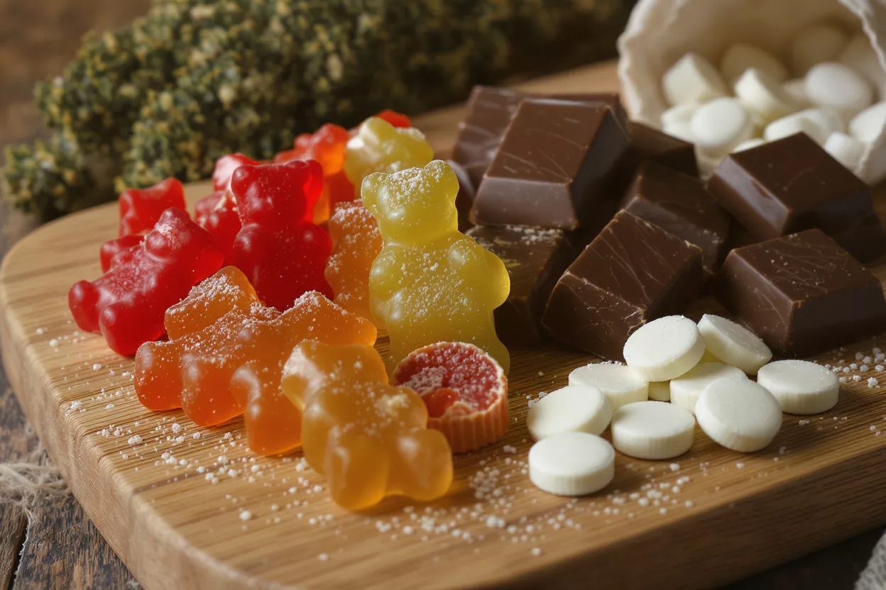 Cannabis Edibles Assortment A variety of cannabis edibles including gummies, chocolate, and mints on a wooden board.