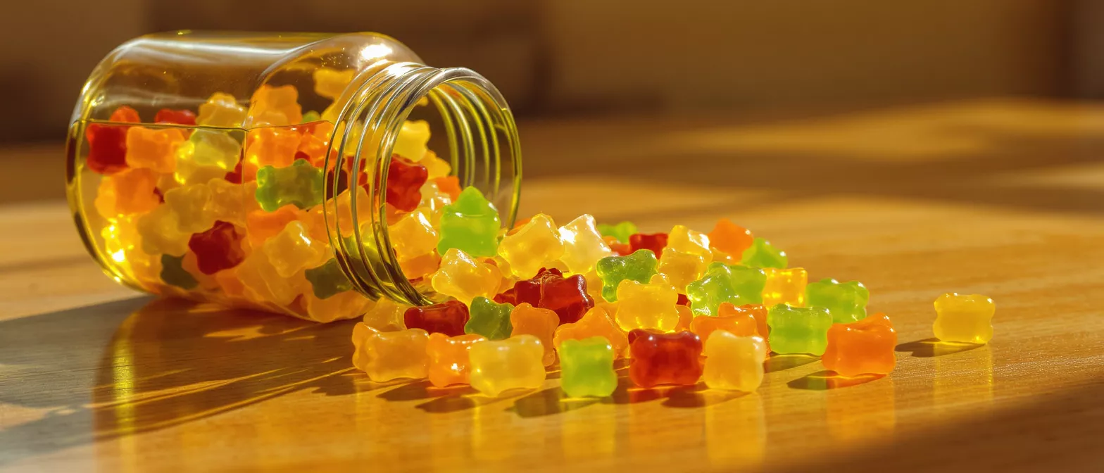 Vibrant gummy bears in red, orange, yellow, and green spilling from a glass jar.