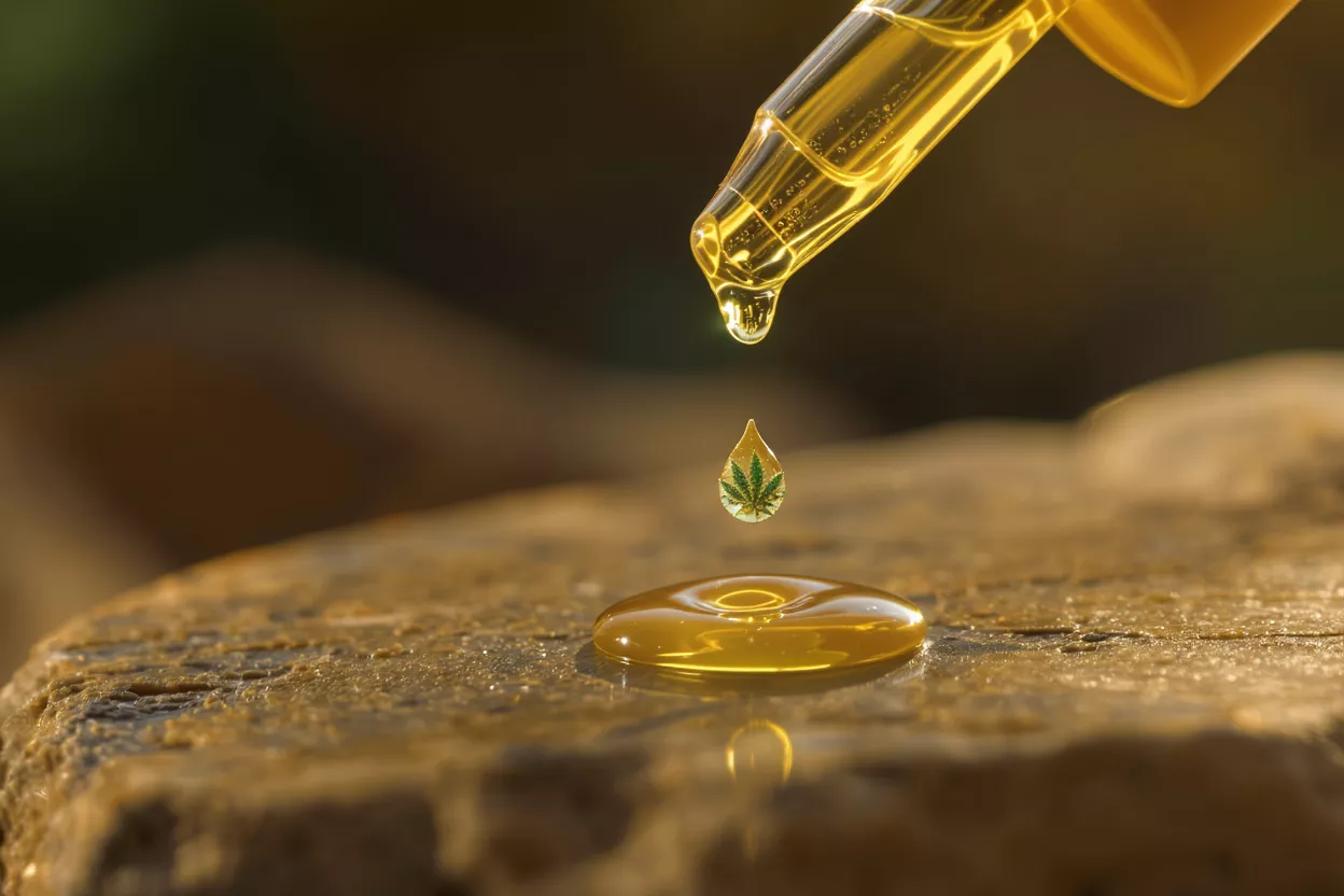 Golden CBD oil drop with cannabis leaf falling from pipette onto a surface.