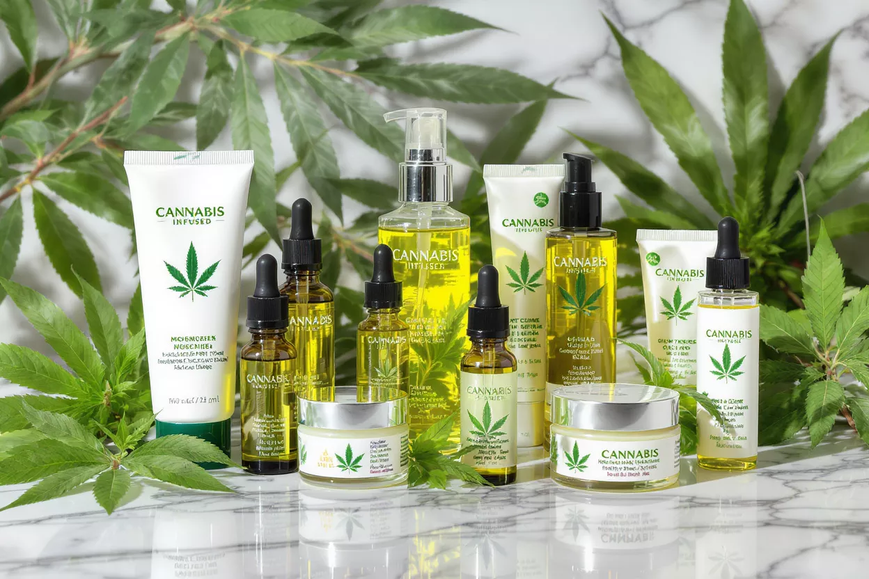 Collection of cannabis-infused skincare products including oils, creams, and lotions on marble.