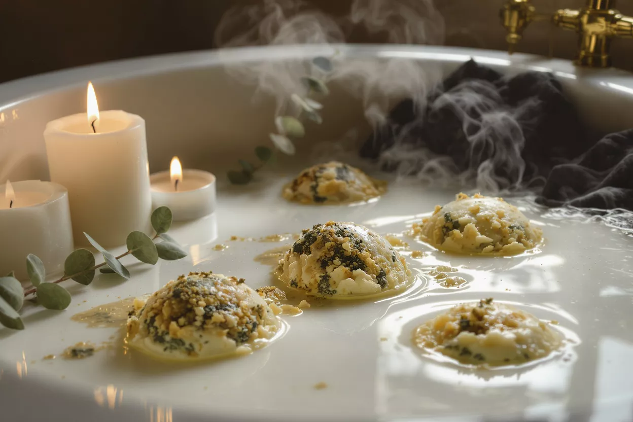 Several bath bombs dissolving in a milky bath with lit candles and eucalyptus.