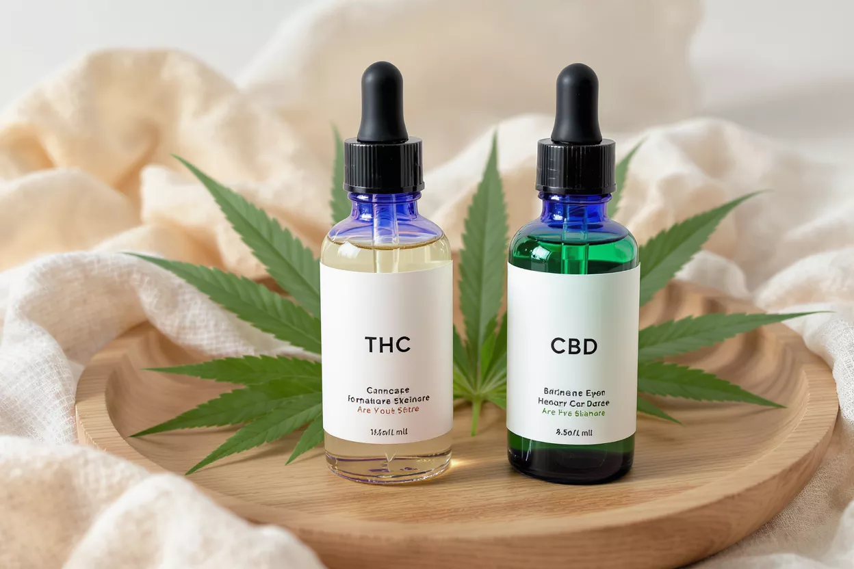 Two dropper bottles, one labeled THC and one CBD, with cannabis leaves.