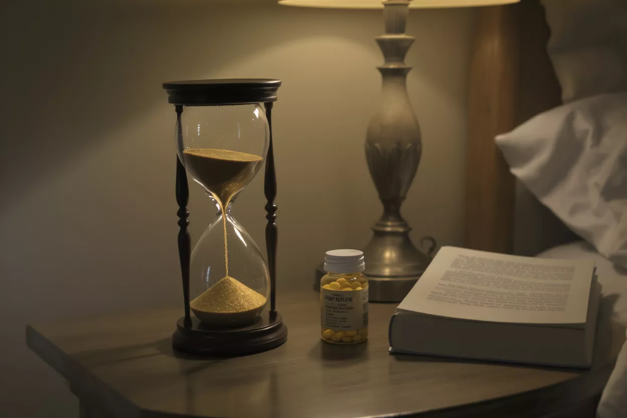 Table de nuit avec sablier et pilules Sablier, flacon de pilules et livre sur une table de nuit à côté d'une lampe et d'un lit.