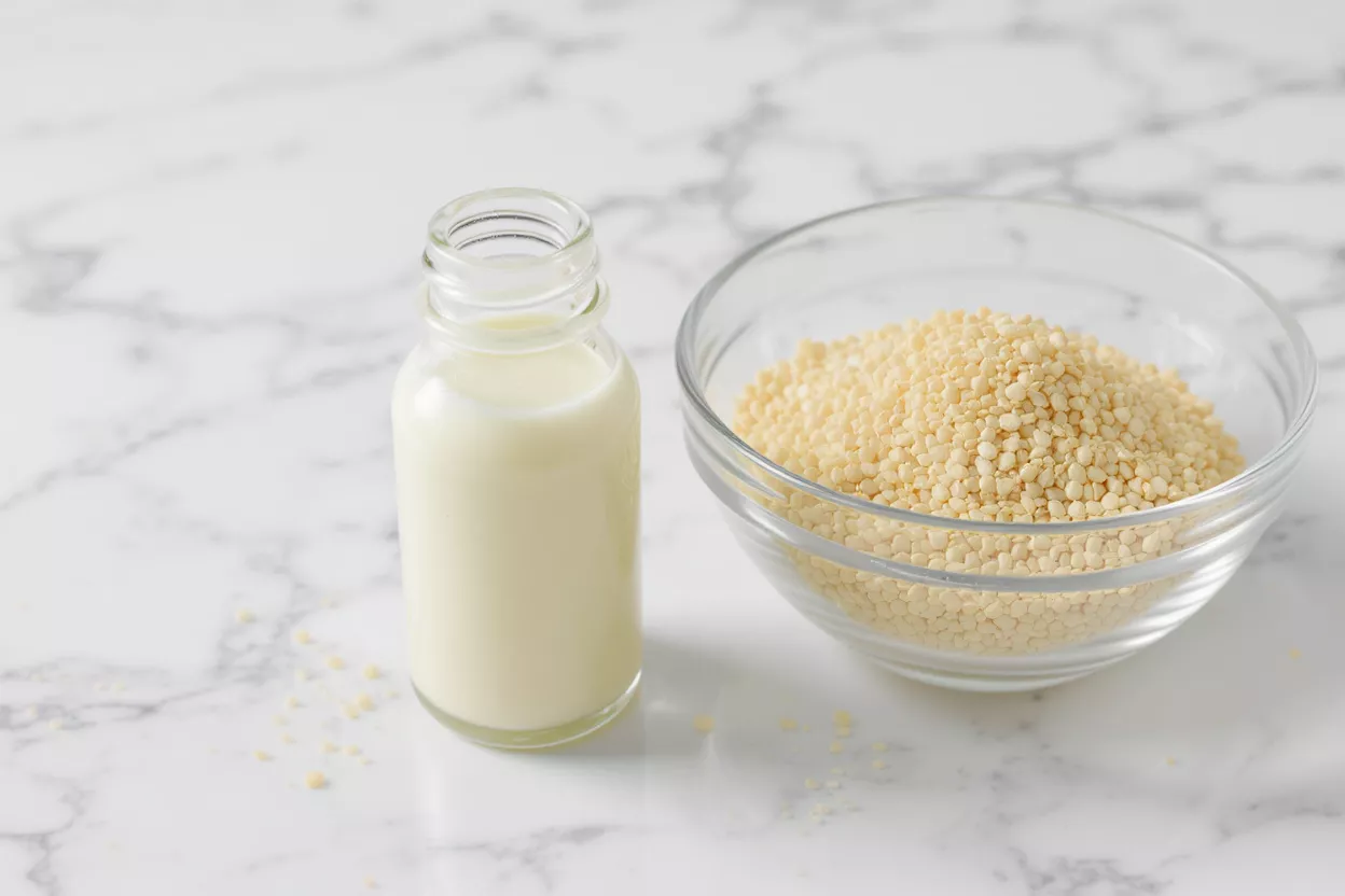 Milk and Quinoa A small glass bottle of milk next to a bowl of quinoa on a marble surface.