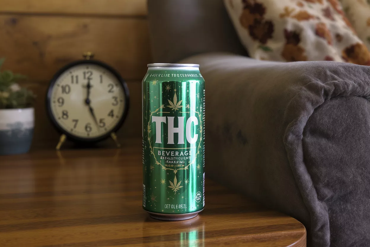 THC Beverage Can Green THC beverage can on a wooden table with a clock and couch in the background.