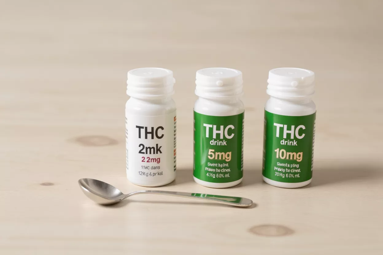 THC Drink Bottles with Spoon Three small white bottles of THC drink with a spoon on a wooden surface.