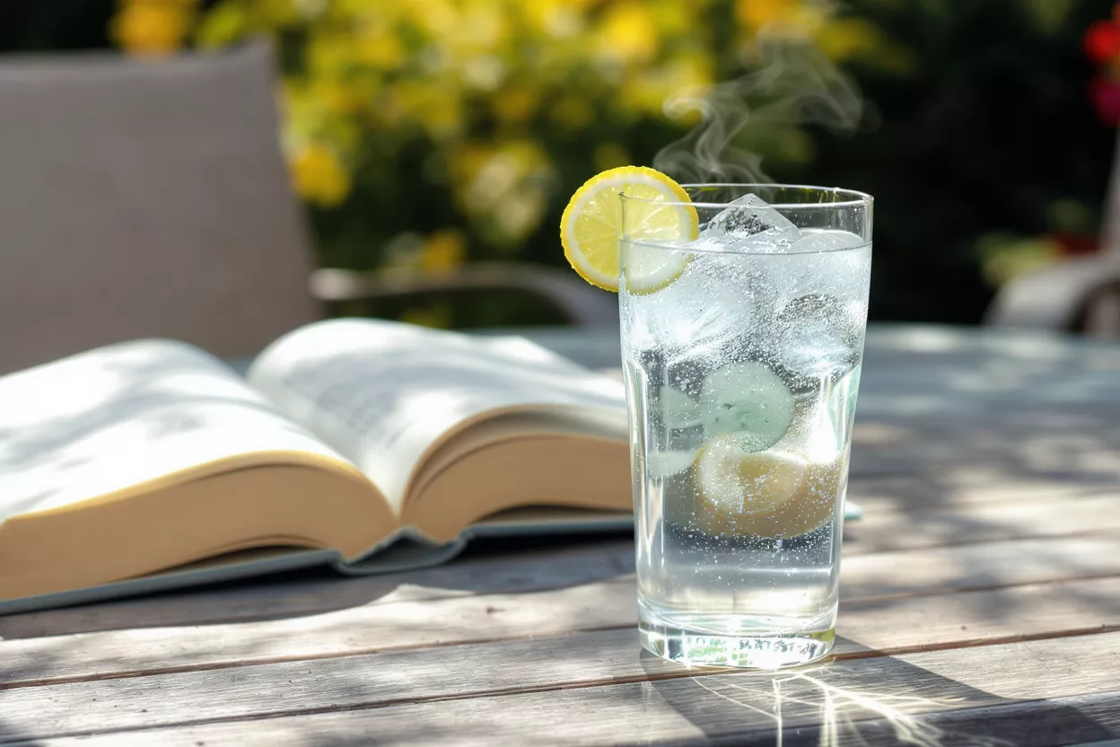 Refreshing Drink and Book Outdoors A glass of iced lemon water with steam on a wooden table next to an open book.