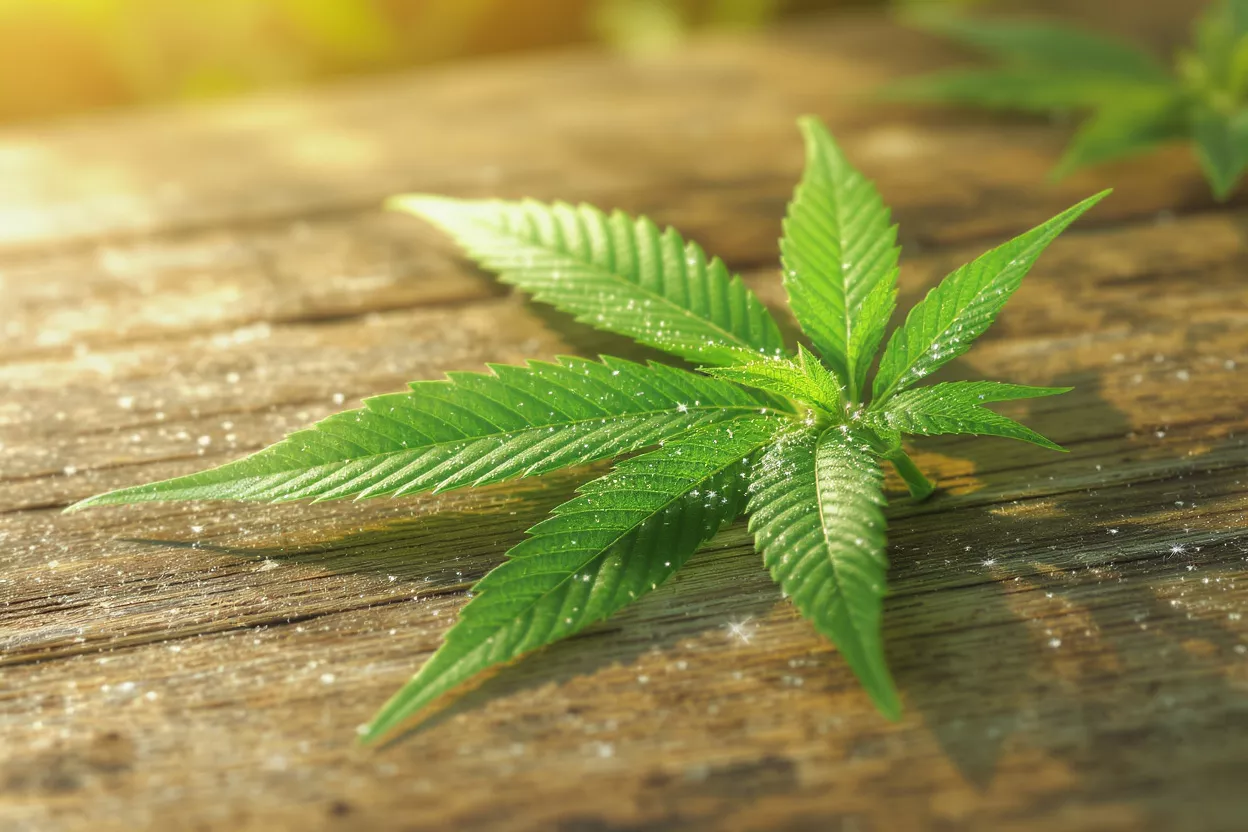 Close-up of a cannabis leaf on a wooden surface