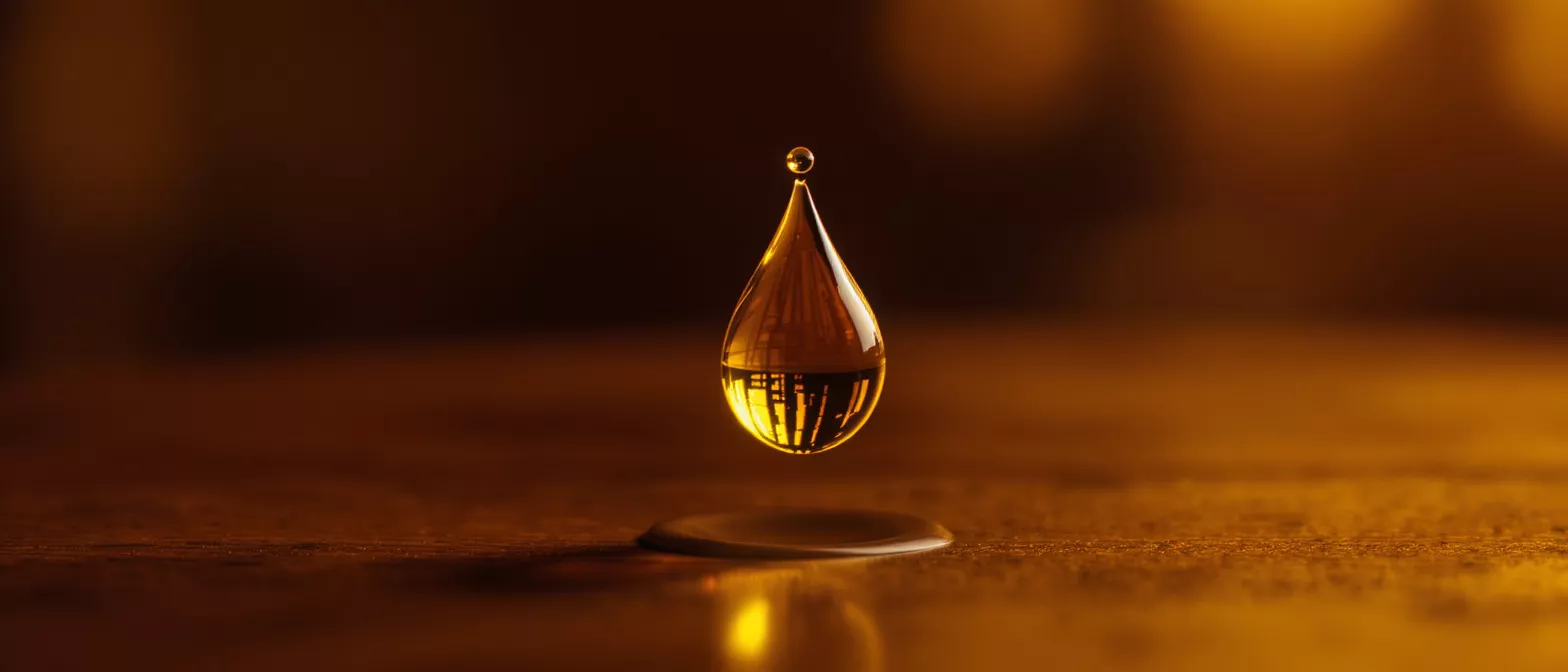 A golden oil drop suspended above a surface, reflecting light and patterns.