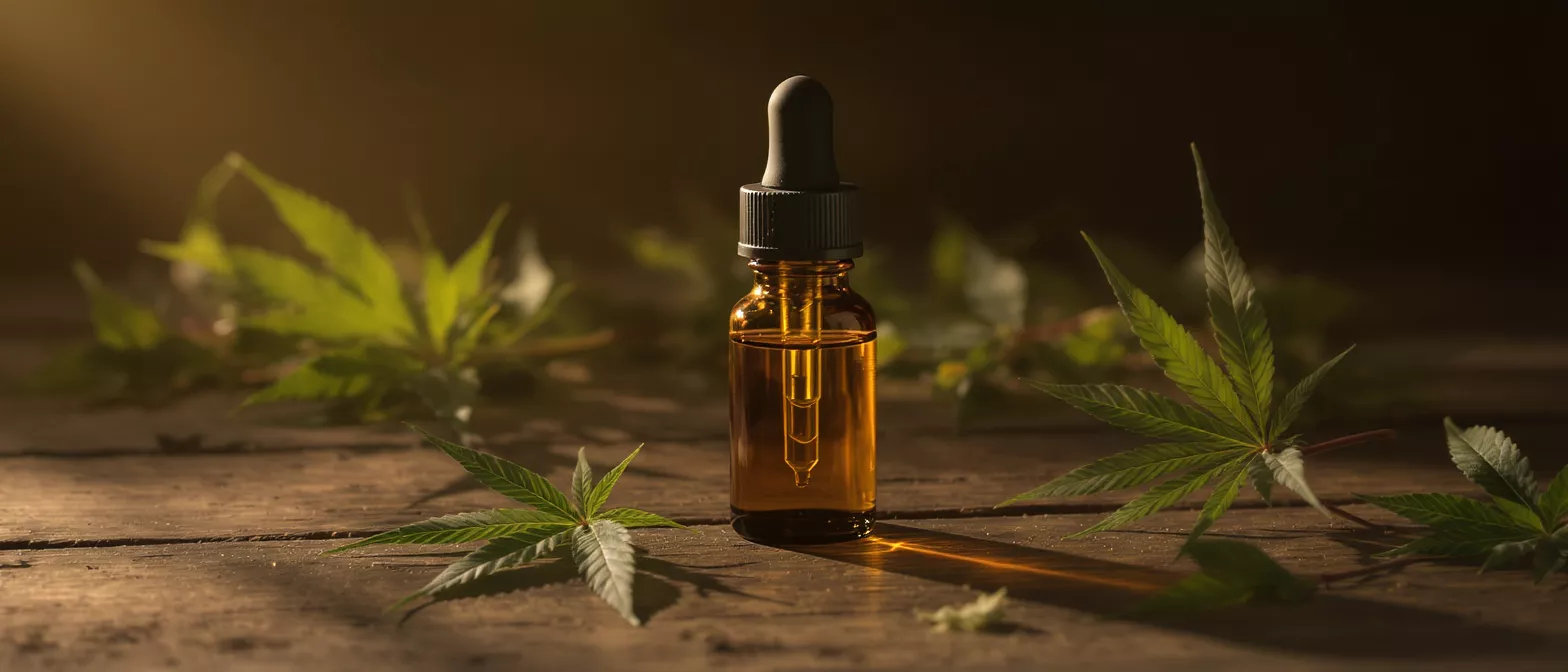 Amber glass CBD oil bottle with dropper, surrounded by cannabis leaves on a wooden surface.