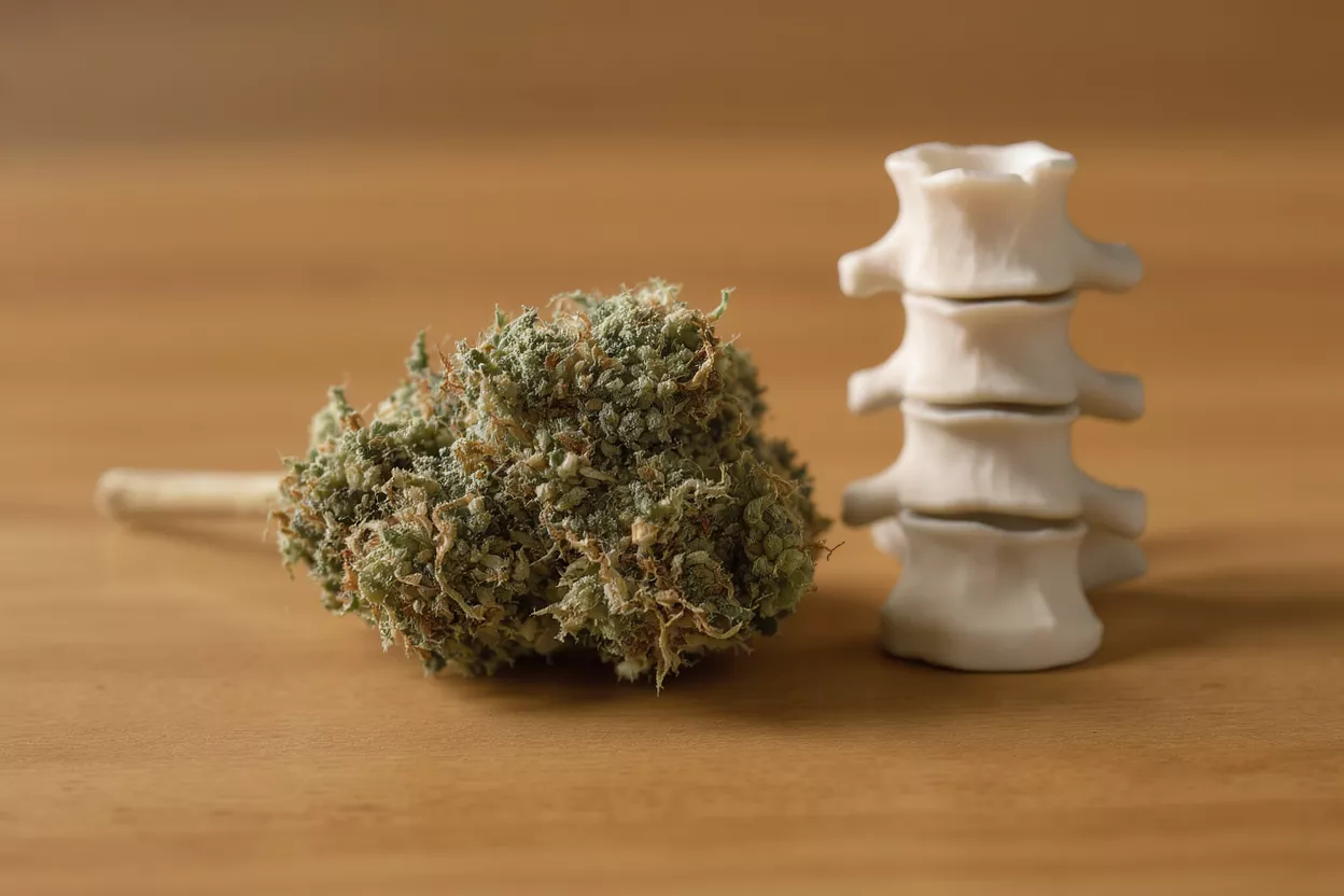 Cannabis bud next to a model of a human spine on a wooden surface.