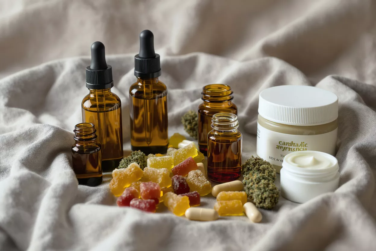 Various CBD and hemp products: oils, gummies, capsules, cream, and flower buds.