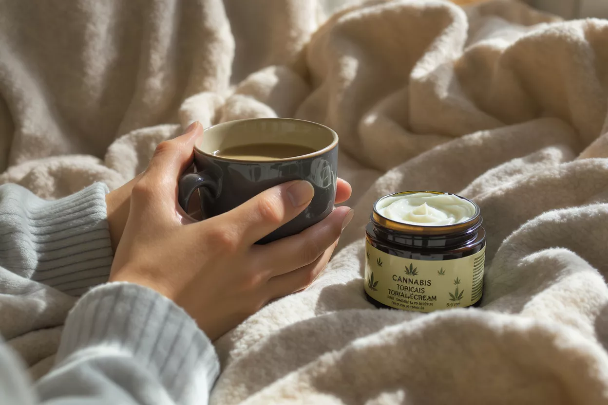 Hands holding coffee cup next to cannabis topical cream on a fluffy blanket.