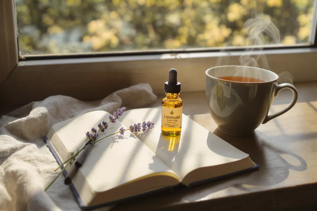 Cannabis tincture, open book with lavender, and steaming tea cup by window.