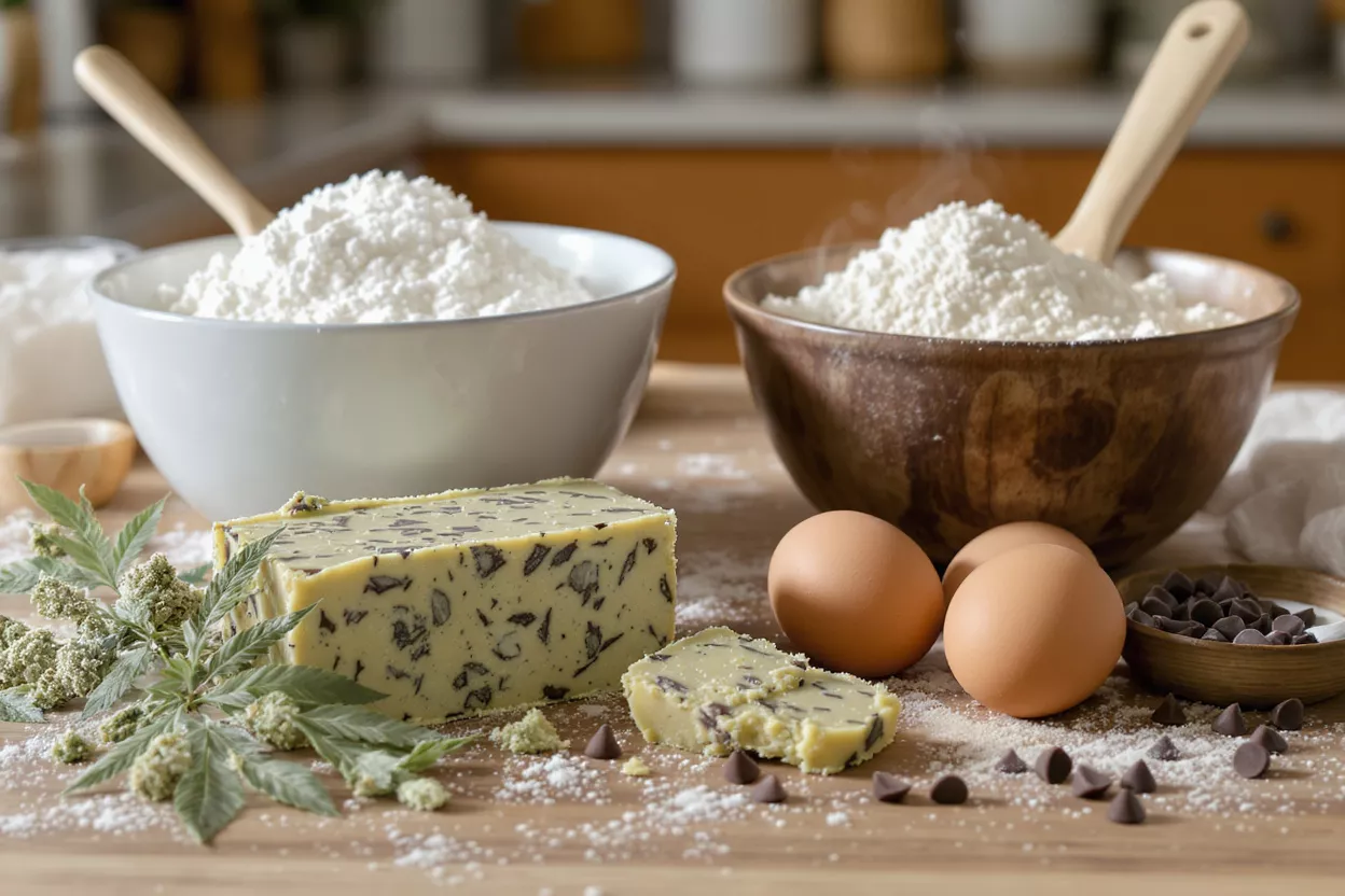 Bowls of flour, butter, eggs, and chocolate chips