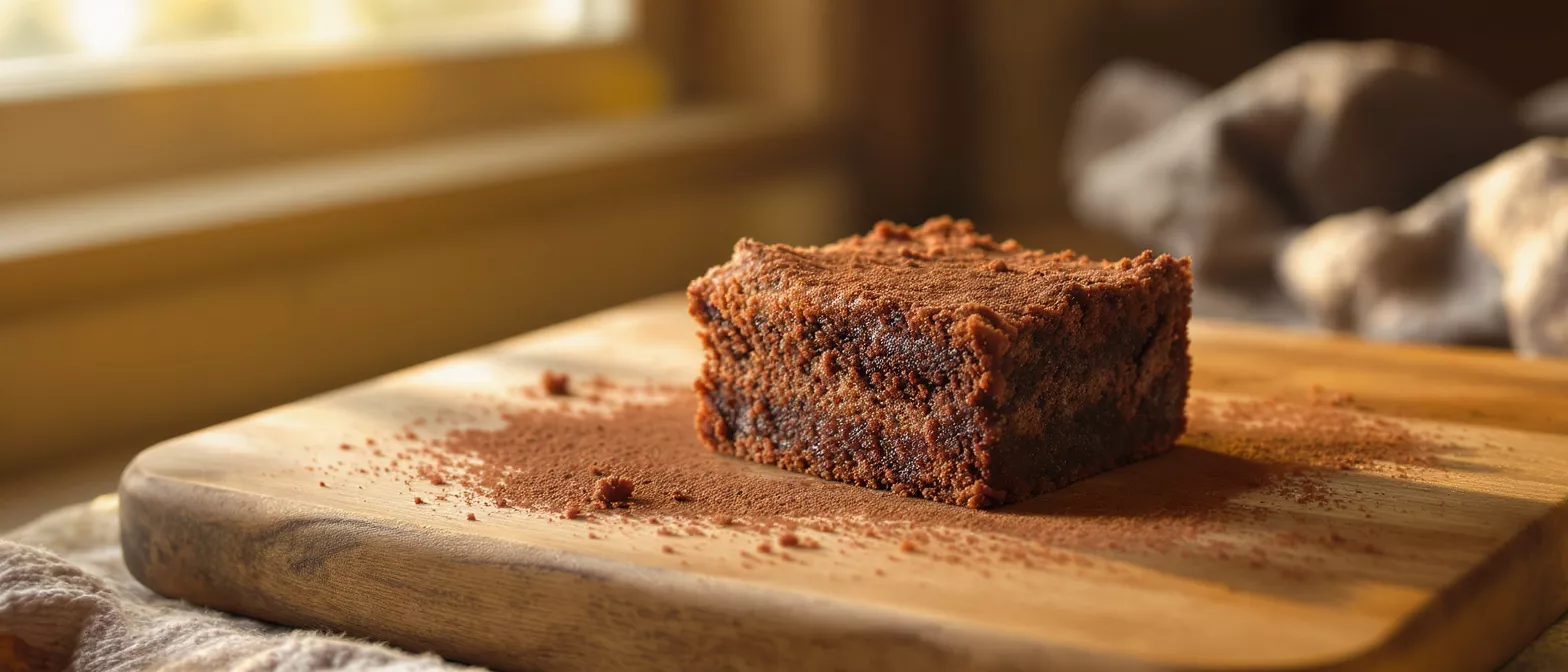 A rich chocolate brownie on a wooden board