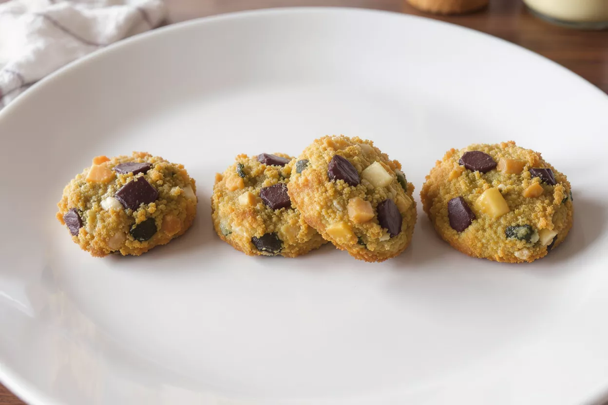 Three cookies on a white plate with chocolate chunks