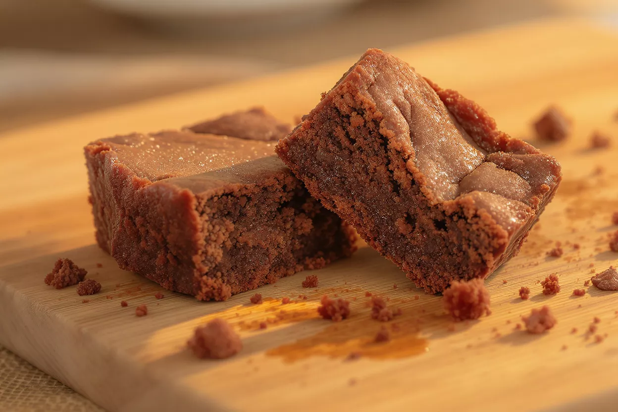 Two decadent chocolate brownies on a wooden board