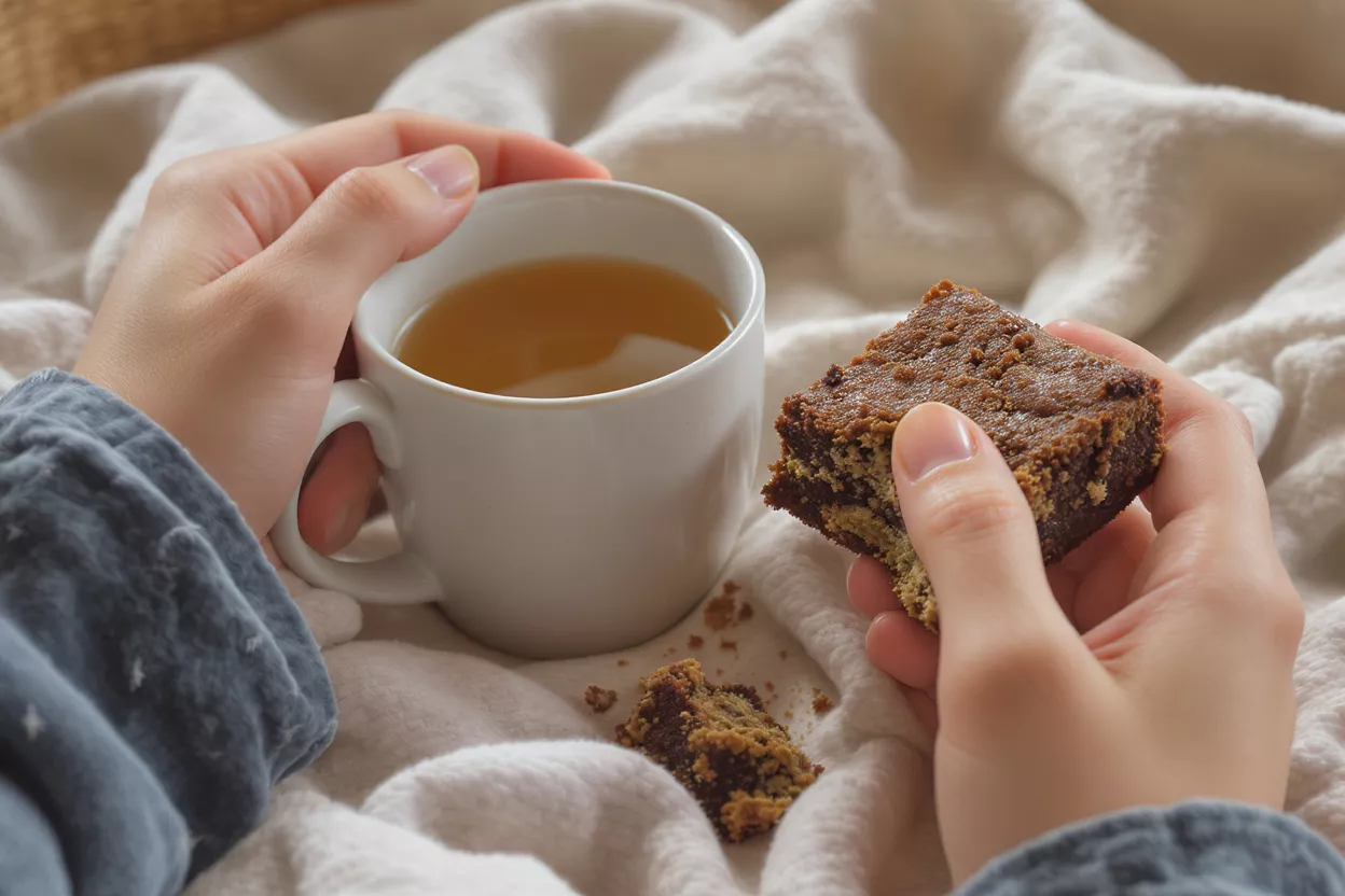 Hands holding a cup of tea and a brownie