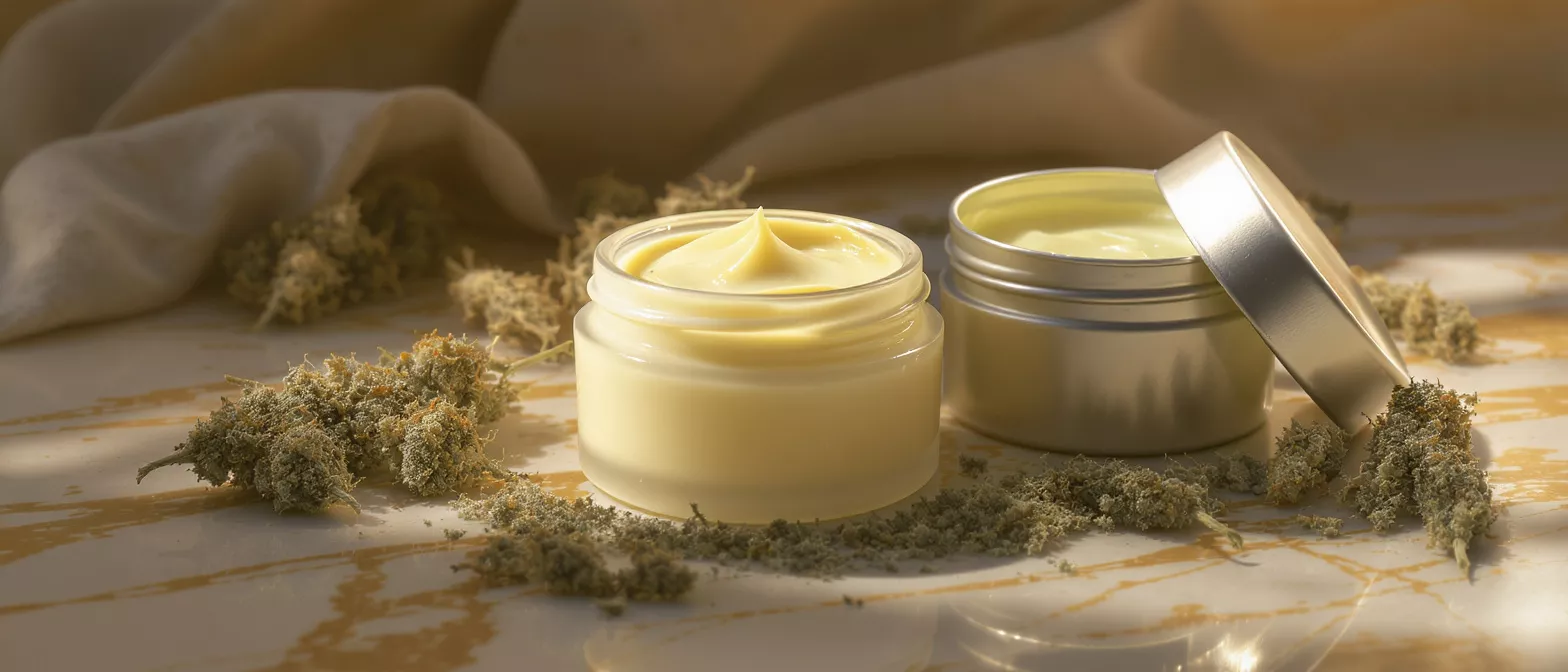 CBD Cream and Balm with Cannabis Buds Two jars of CBD cream and balm surrounded by cannabis buds on a marble surface.