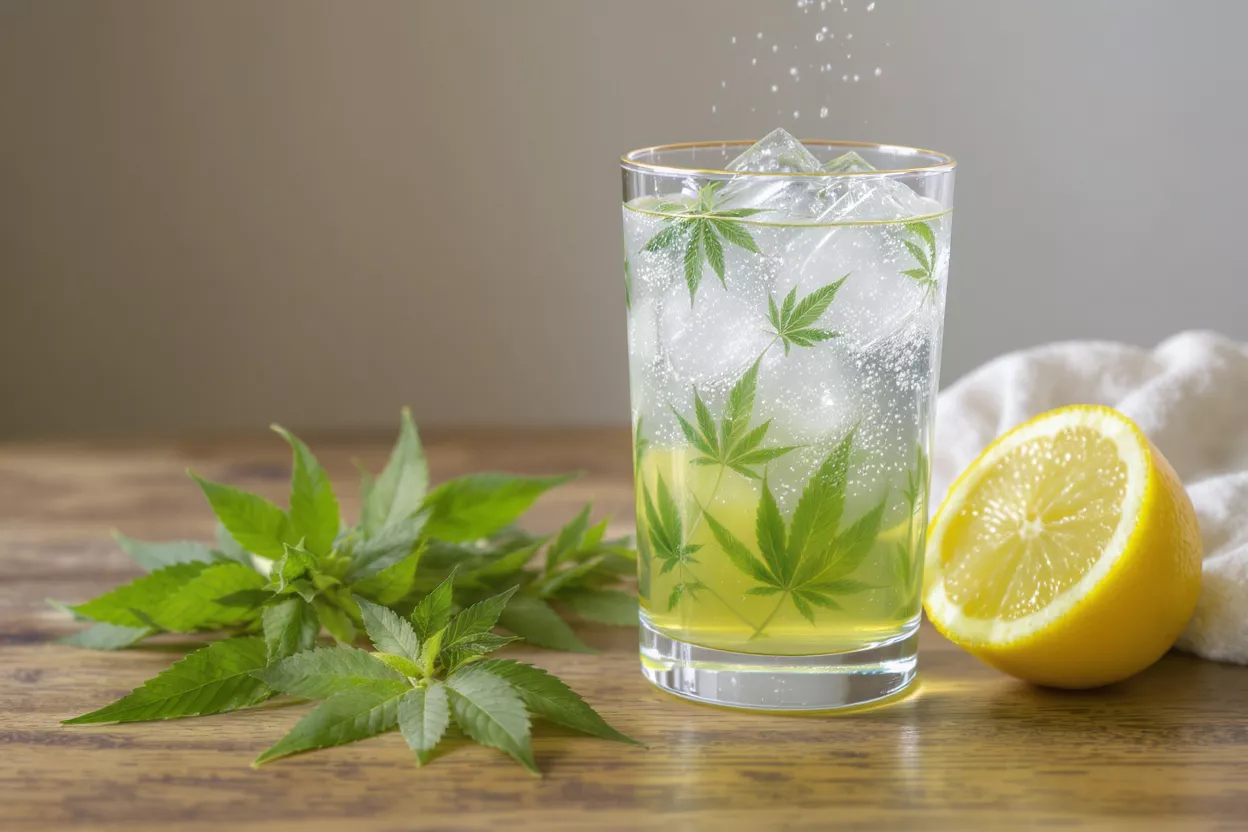 A glass of lemonade with cannabis leaves and ice