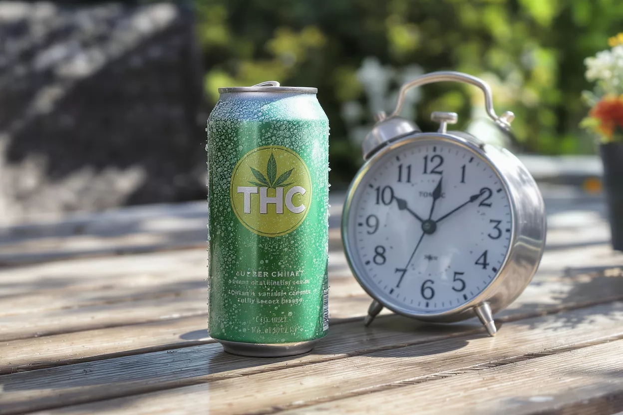 A can of THC drink next to a silver alarm clock