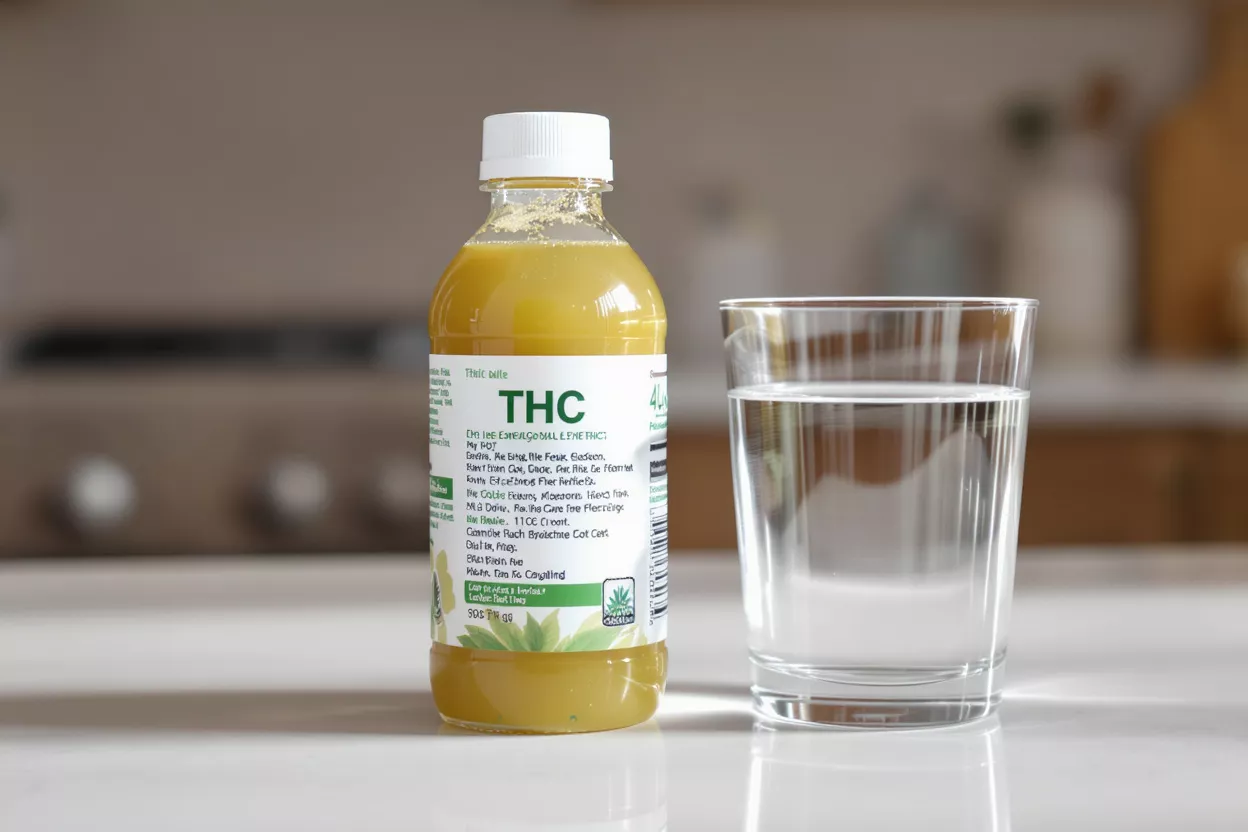 Bottle of THC drink beside a glass of water