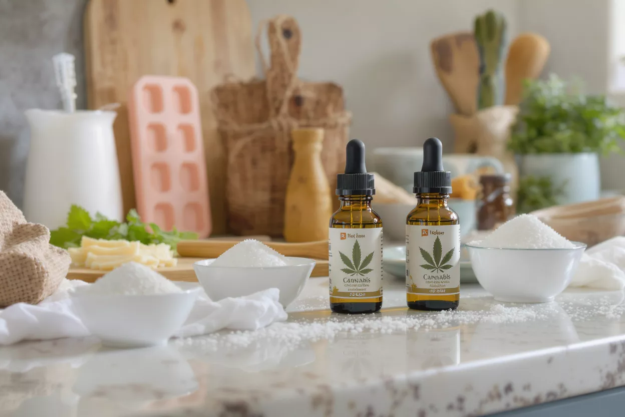 Bottles of cannabis oil with kitchen ingredients