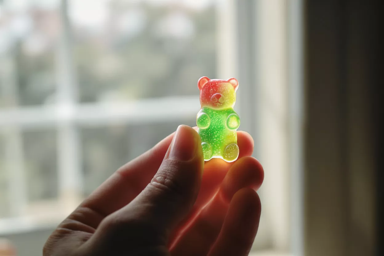 A hand holding a colorful gummy bear candy