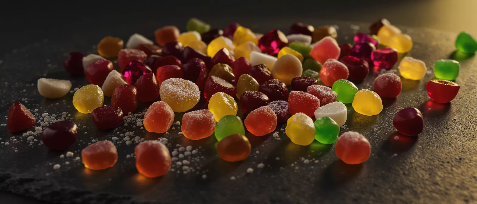 An assortment of colorful gummy candies on a dark surface