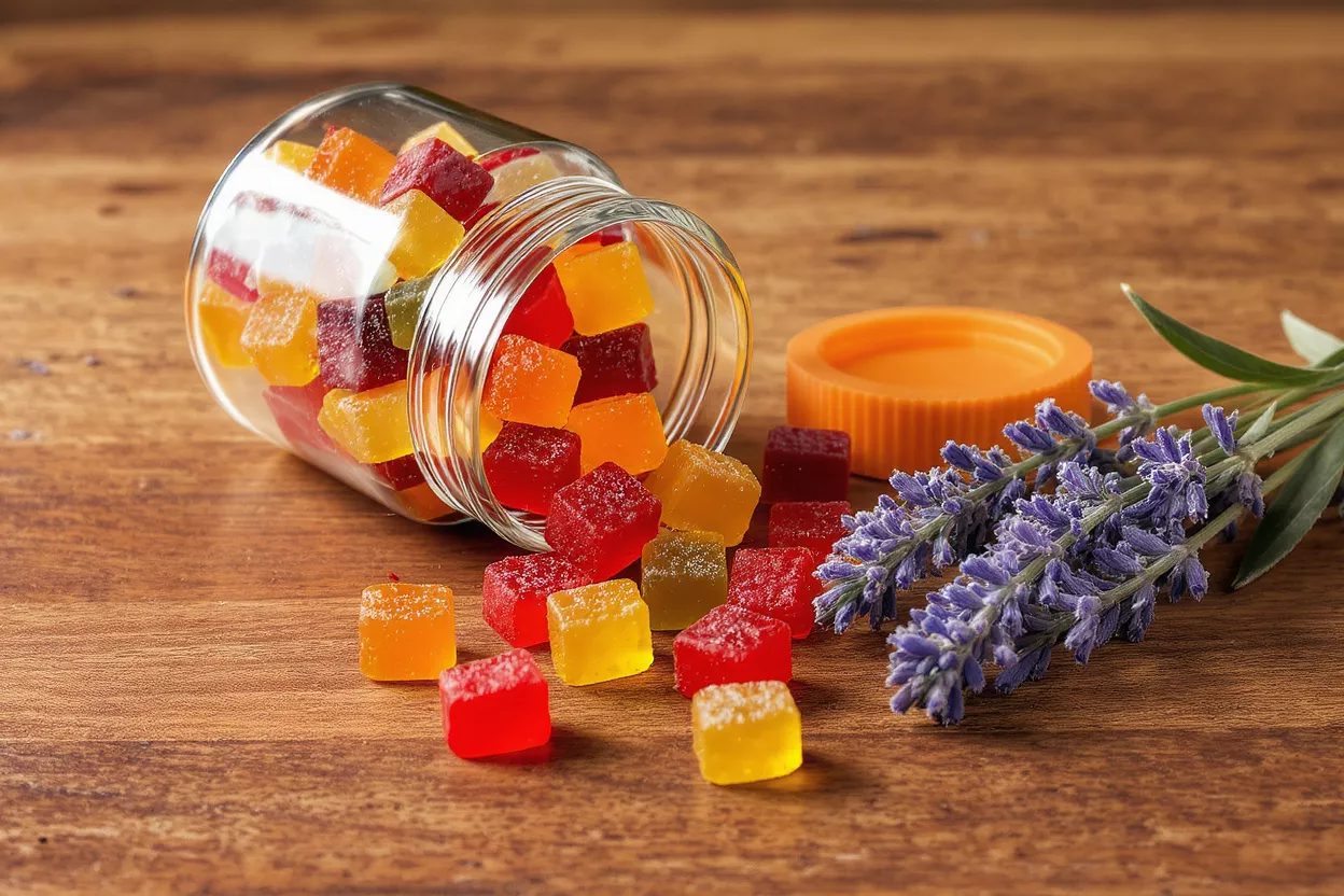 A jar of colorful gummy candies spilled on a wooden surface