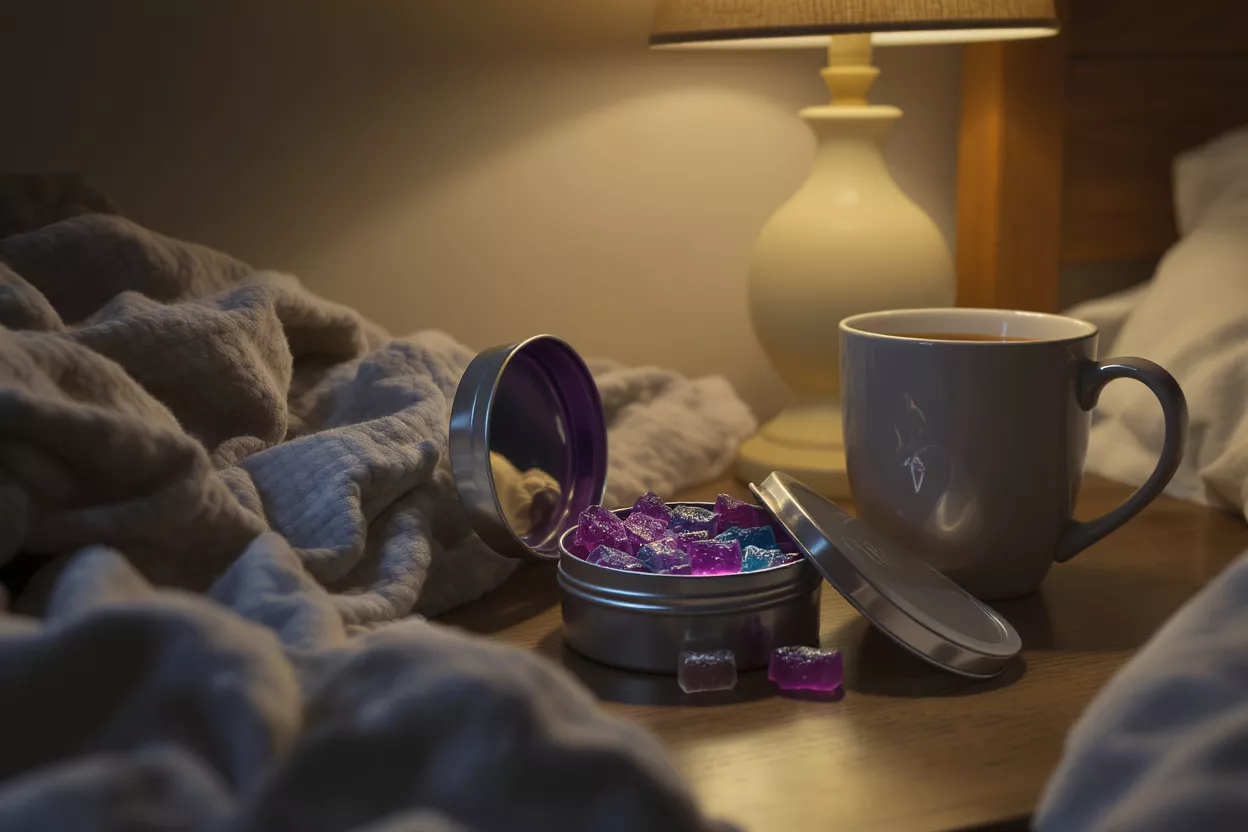 A cozy scene with a tin of colorful snacks and a cup of tea