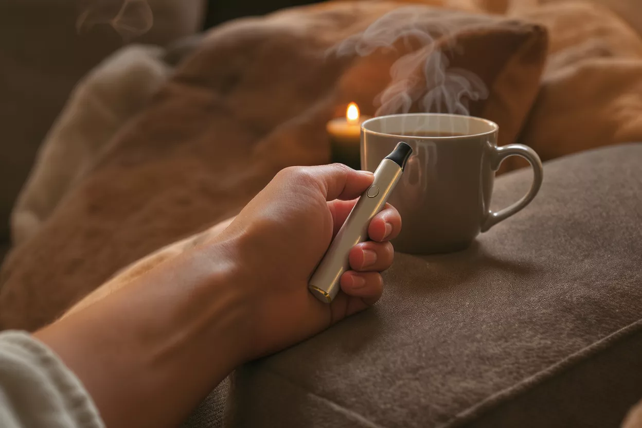 Cozy Vaping with Coffee and Candle Hand holding a vape pen near a steaming mug