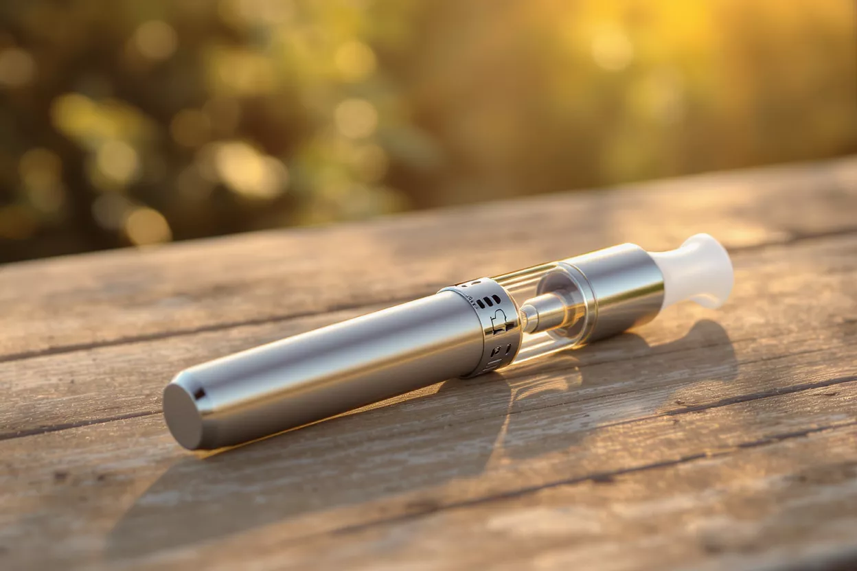 Vape Device on a Wooden Table A sleek vape device lying on a wooden surface