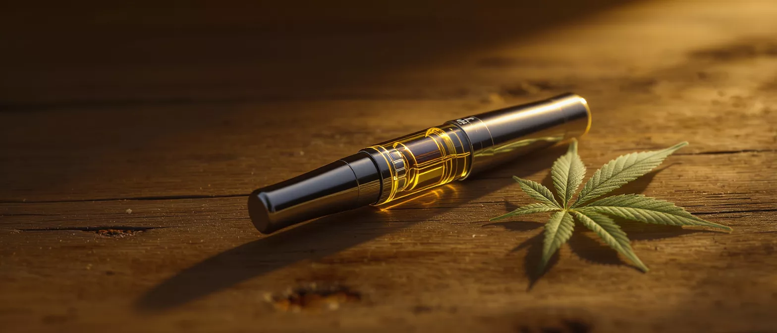 A vape pen beside a cannabis leaf on a wooden surface
