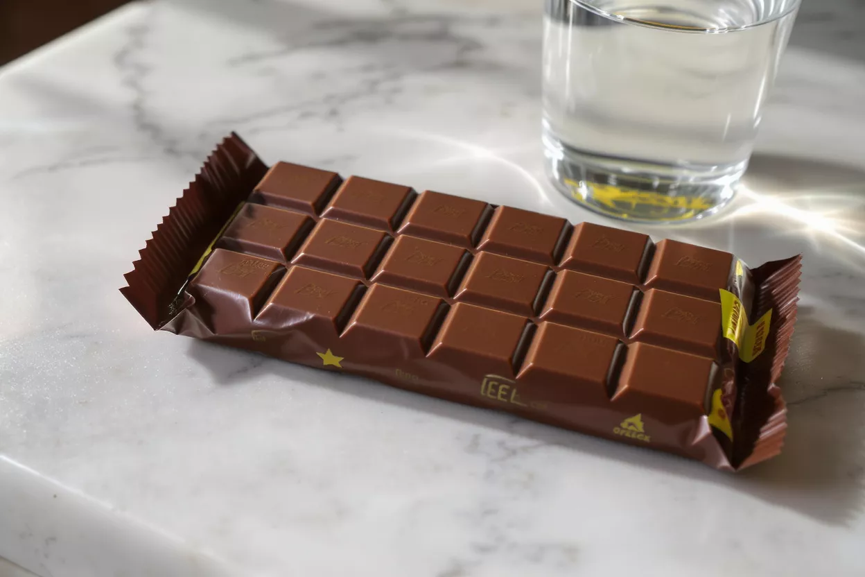 A chocolate bar placed on a marble surface