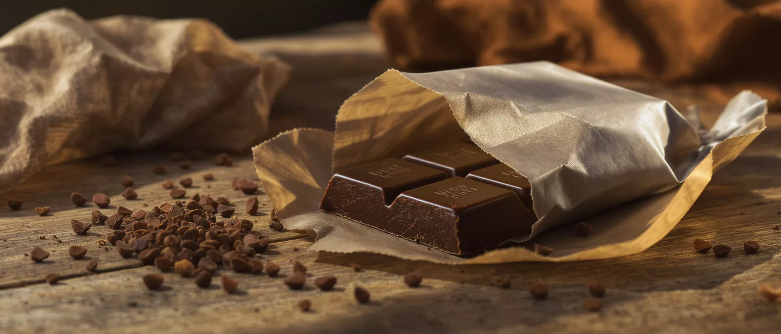 A chocolate bar partially wrapped in paper