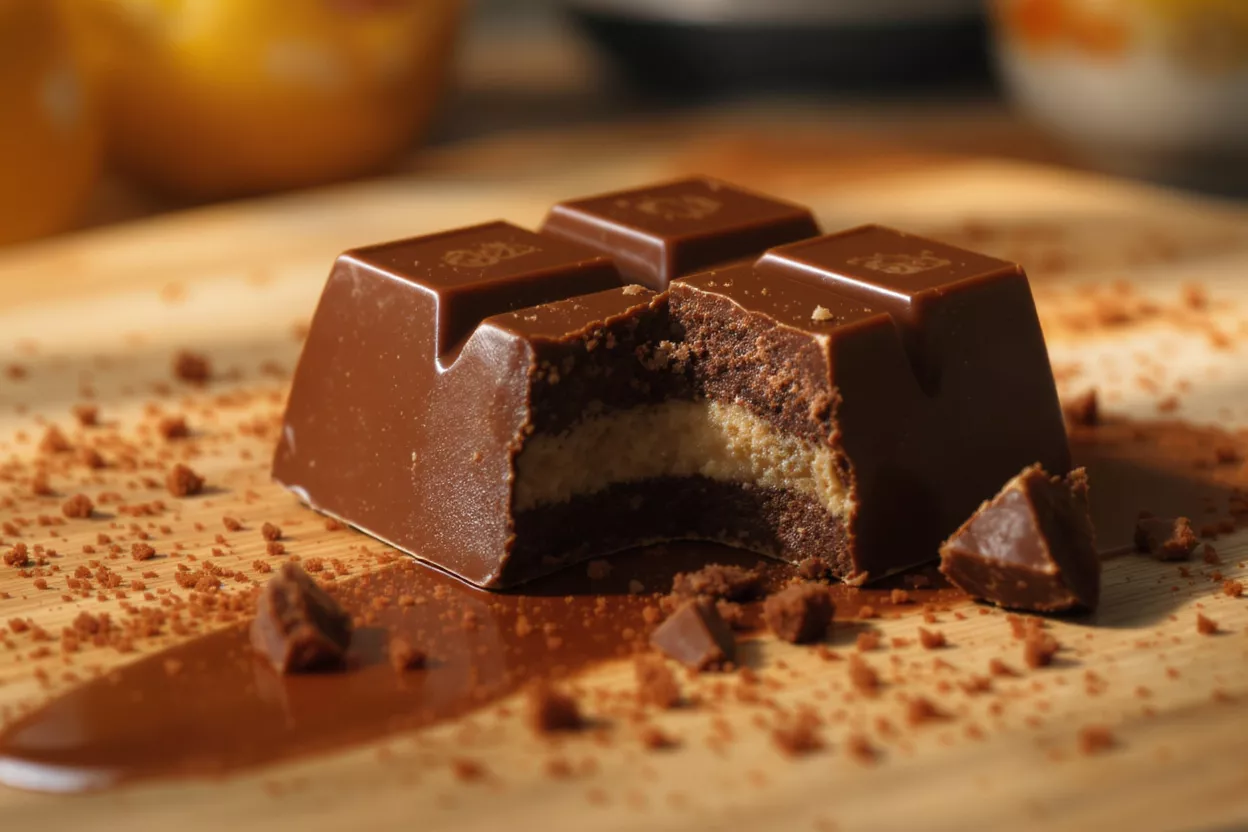 Chocolate candy with a bite taken out, revealing layers