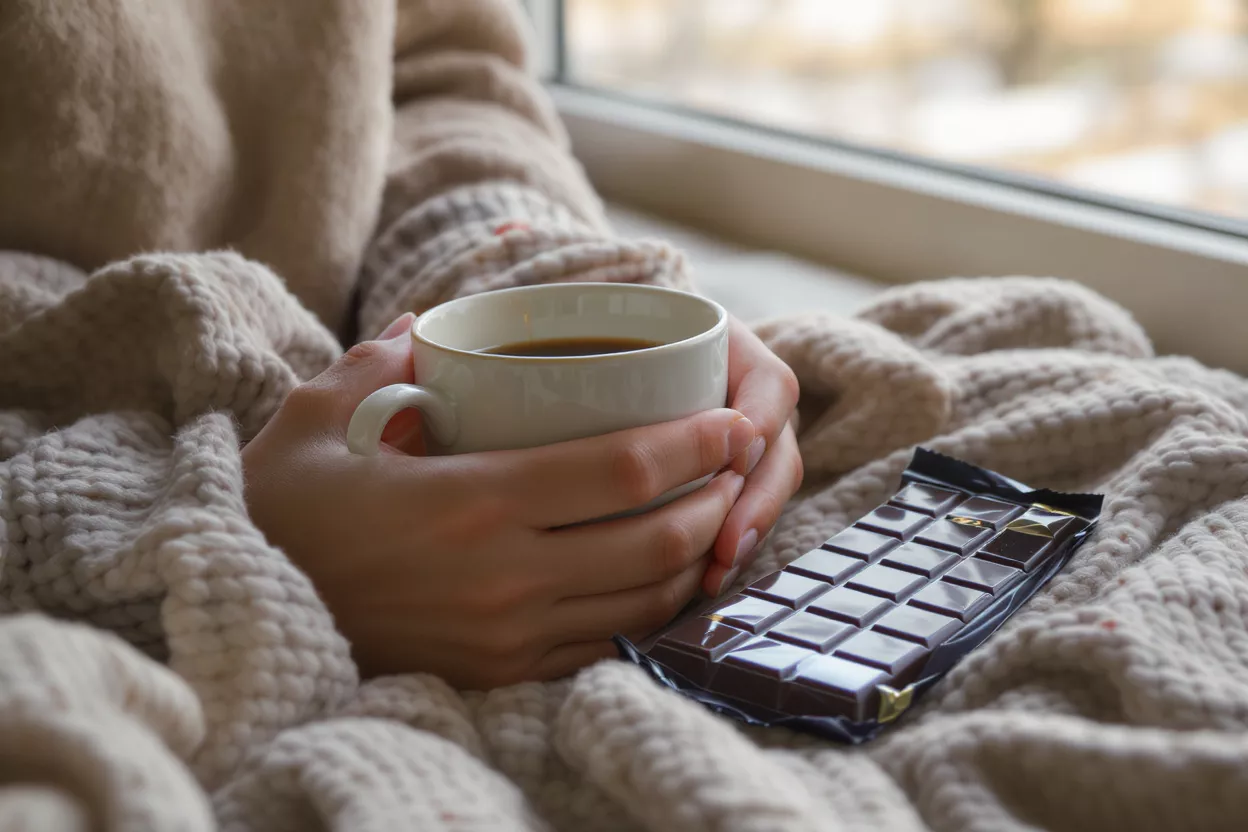Hands holding a cup of coffee next to chocolate