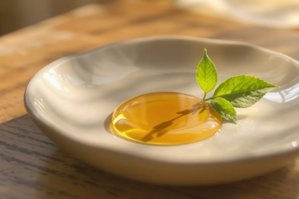 A dollop of golden honey with a sprig of fresh mint on a white plate.
