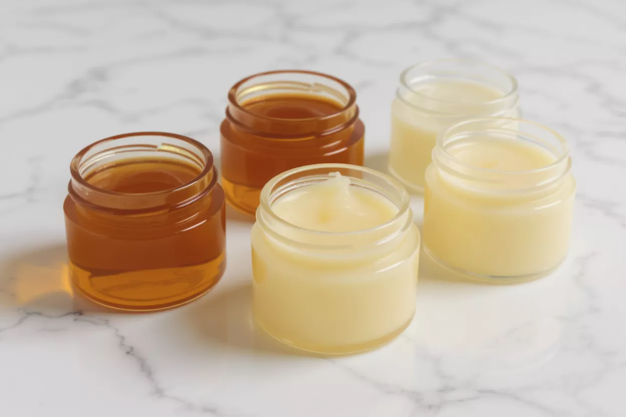 Five small glass jars, two with honey, three with royal jelly, on marble.