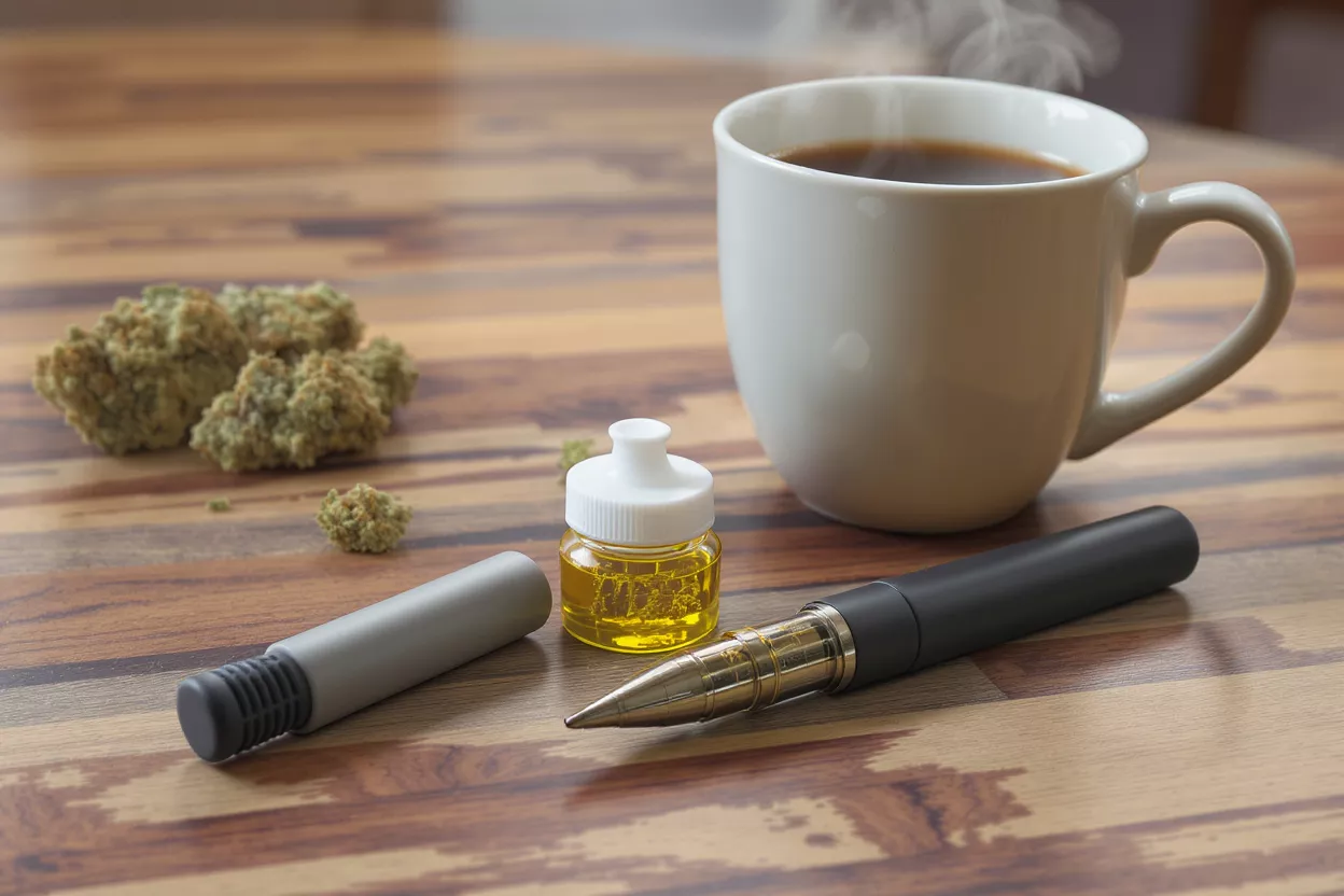 Cannabis buds, vape oil, pen, and coffee mug on a wooden table.