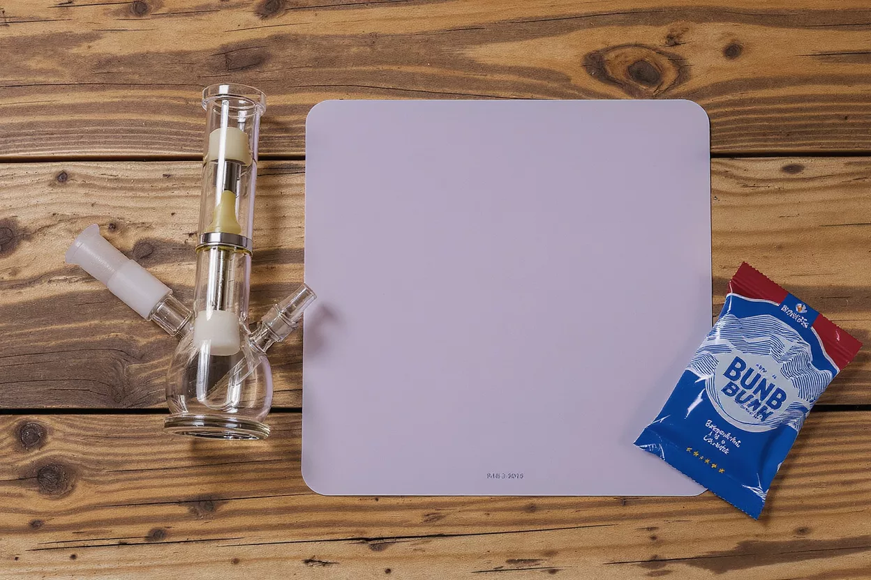 A glass bong, a light purple silicone mat, and a blue candy wrapper.
