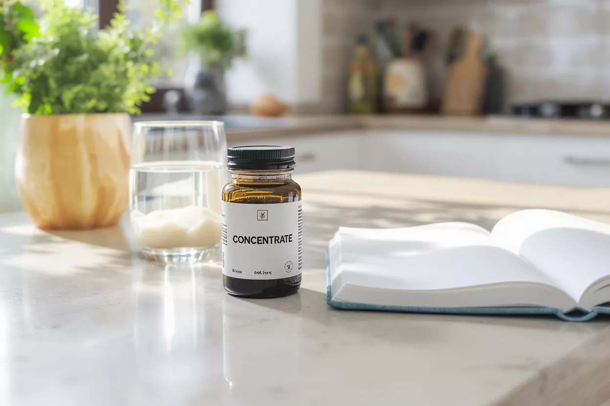 Brown concentrate bottle, glass of water, and open book on a kitchen counter.