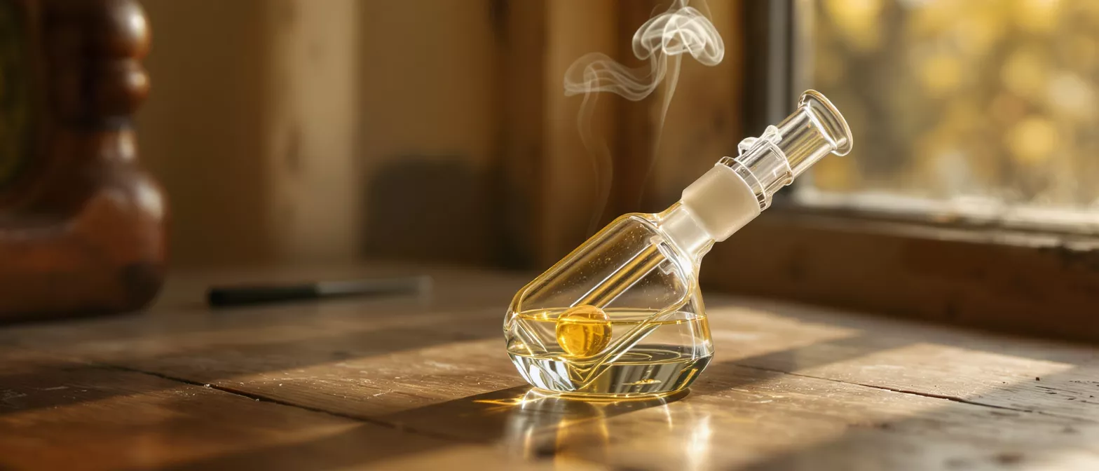 A clear glass bong with smoke rising, sitting on a wooden table.